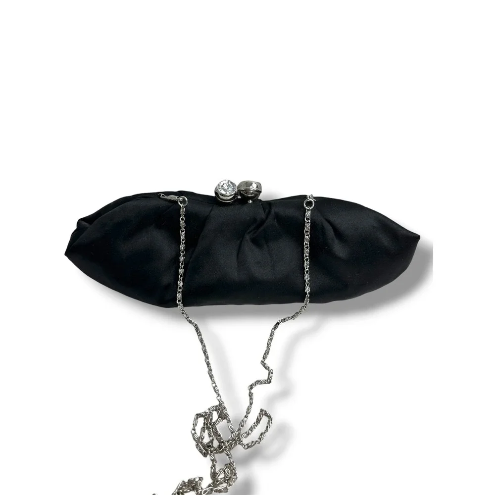 Unbranded Evening Clutch Women Small Black Satin Rhinestone Kiss Lock